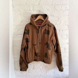 Brown Hooded Bomber Jacket with Camouflage Print
